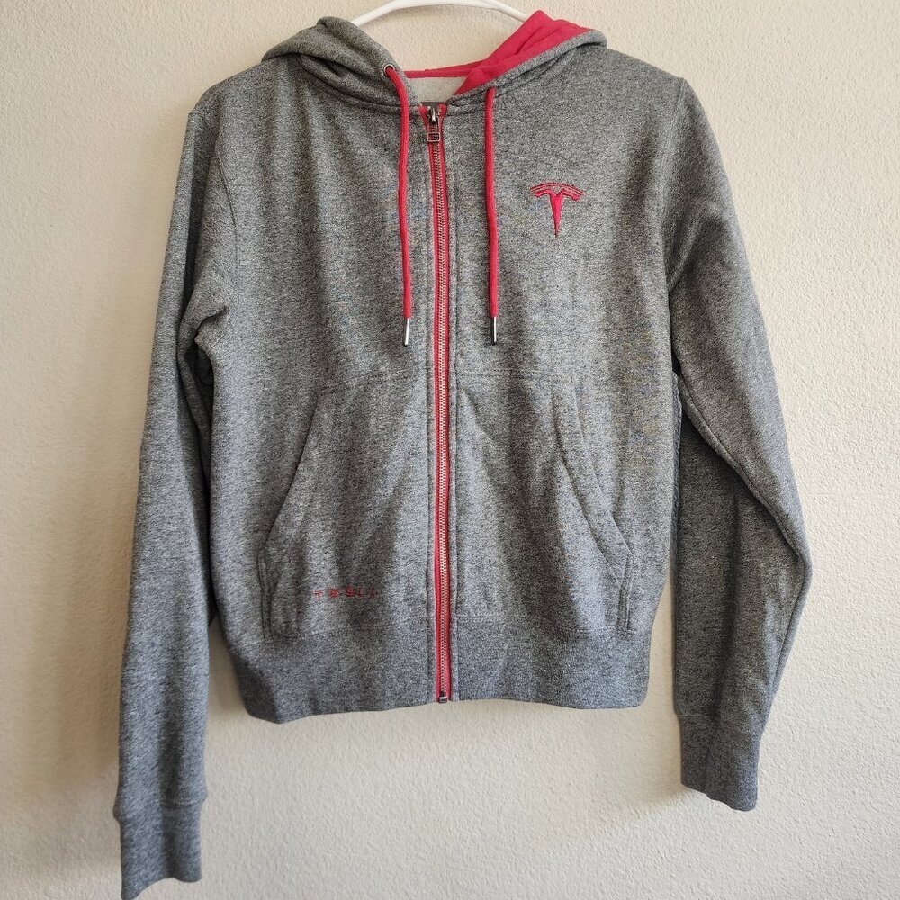 Tesla Hoodie Womens Extra Small Gray Full Zip Sweatshirt Red Logo Cotton Blend